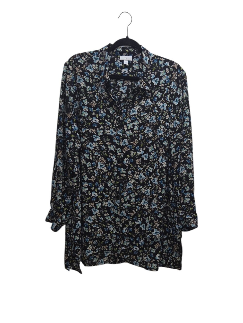 J Jill Blouse Womens XL Black Blue Floral Button Front Tunic Shirt Long Sleeve